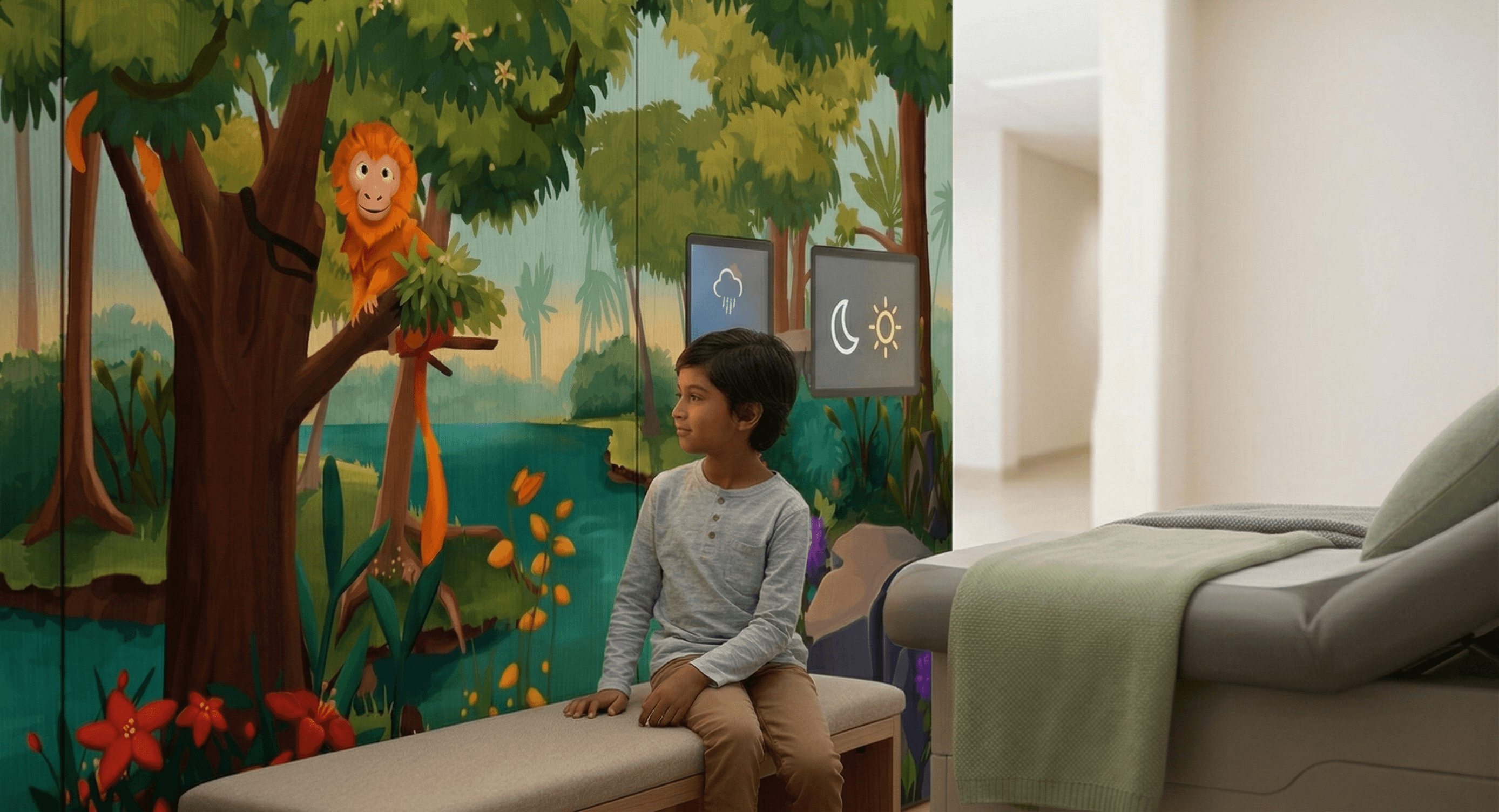 A child engaging with AR technology in a pediatric healthcare environment.